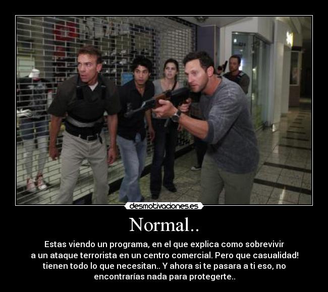 Normal.. - Estas viendo un programa, en el que explica como sobrevivir
a un ataque terrorista en un centro comercial. Pero que casualidad!
tienen todo lo que necesitan.. Y ahora si te pasara a ti eso, no
encontrarías nada para protegerte..