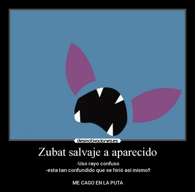 Zubat salvaje a aparecido - -Uso rayo confuso
-esta tan confundido que se hirió así mismo!!

ME CAGO EN LA PUTA