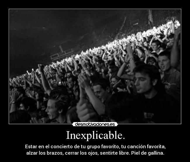 Inexplicable. - Estar en el concierto de tu grupo favorito, tu canción favorita,
alzar los brazos, cerrar los ojos, sentirte libre. Piel de gallina.