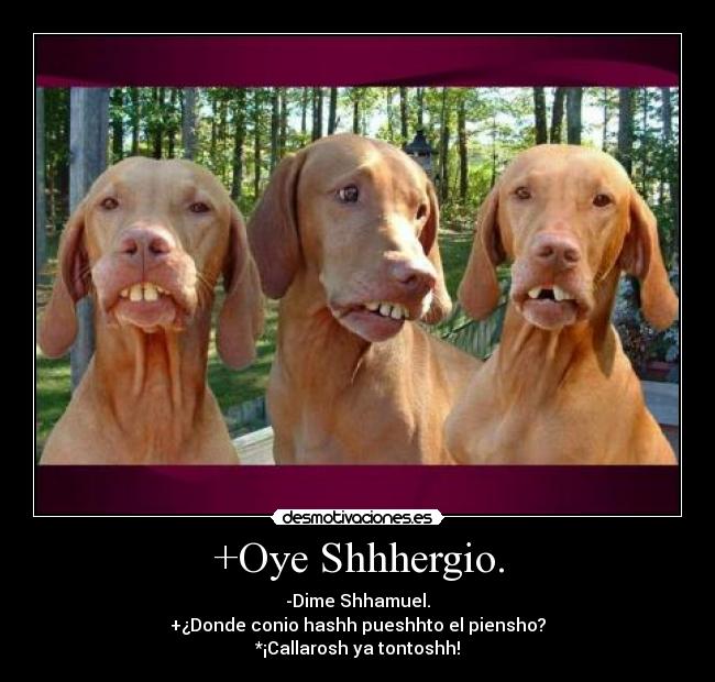 +Oye Shhhergio. - -Dime Shhamuel.
+¿Donde conio hashh pueshhto el piensho?
*¡Callarosh ya tontoshh!