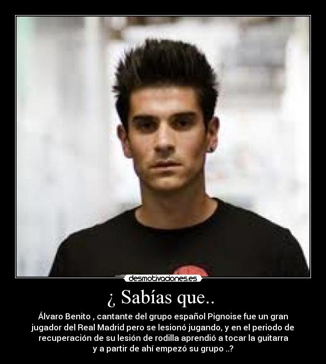 ¿ Sabías que.. - Álvaro Benito , cantante del grupo español Pignoise fue un gran
jugador del Real Madrid pero se lesionó jugando, y en el periodo de
recuperación de su lesión de rodilla aprendió a tocar la guitarra
y a partir de ahí empezó su grupo ..?