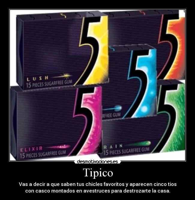 Tipico - Vas a decir a que saben tus chicles favoritos y aparecen cinco tios
con casco montados en avestruces para destrozarte la casa.