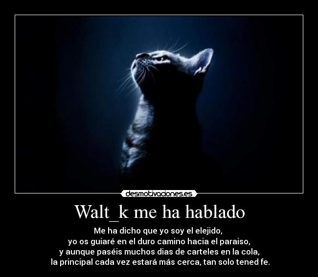Walt_k me ha hablado - Me ha dicho que yo soy el elejido,
yo os guiaré en el duro camino hacia el paraiso,
y aunque paséis muchos dias de carteles en la cola,
la principal cada vez estará más cerca, tan solo tened fe.