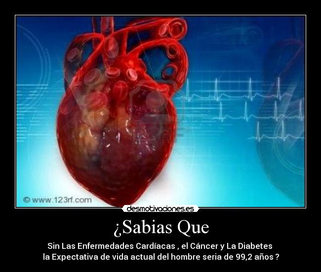 ¿Sabias Que - Sin Las Enfermedades Cardíacas , el Cáncer y La Diabetes
la Expectativa de vida actual del hombre seria de 99,2 años ?