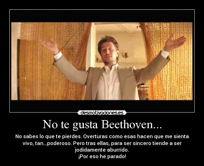 No te gusta Beethoven... - No sabes lo que te pierdes. Overturas como esas hacen que me sienta
vivo, tan...poderoso. Pero tras ellas, para ser sincero tiende a ser
jodidamente aburrido.
¡Por eso he parado!