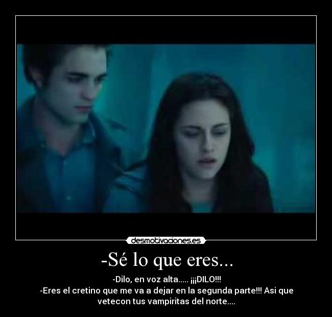 -Sé lo que eres... - -Dilo, en voz alta..... ¡¡¡DILO!!!
-Eres el cretino que me va a dejar en la segunda parte!!! Asi que
vetecon tus vampiritas del norte....