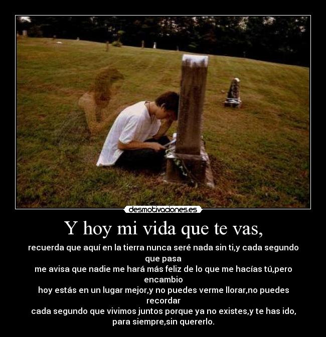 Y hoy mi vida que te vas, - recuerda que aquí en la tierra nunca seré nada sin ti,y cada segundo que pasa
me avisa que nadie me hará más feliz de lo que me hacías tú,pero encambio
hoy estás en un lugar mejor,y no puedes verme llorar,no puedes recordar
cada segundo que vivimos juntos porque ya no existes,y te has ido,
para siempre,sin quererlo.