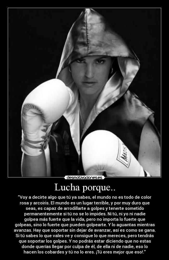 Lucha porque.. - Voy a decirte algo que tú ya sabes, el mundo no es todo de color
rosa y arcoiris. El mundo es un lugar terrible, y por muy duro que
seas, es capaz de arrodillarte a golpes y tenerte sometido
permanentemente si tú no se lo impides. Ni tú, ni yo ni nadie
golpea más fuerte que la vida, pero no importa lo fuerte que
golpeas, sino lo fuerte que pueden golpearte. Y lo aguantas mientras
avanzas. Hay que soportar sin dejar de avanzar, así es como se gana.
Si tú sabes lo que vales ve y consigue lo que mereces, pero tendrás
que soportar los golpes. Y no podrás estar diciendo que no estas
donde querías llegar por culpa de él, de ella ni de nadie, eso lo
hacen los cobardes y tú no lo eres. ¡Tú eres mejor que eso!.