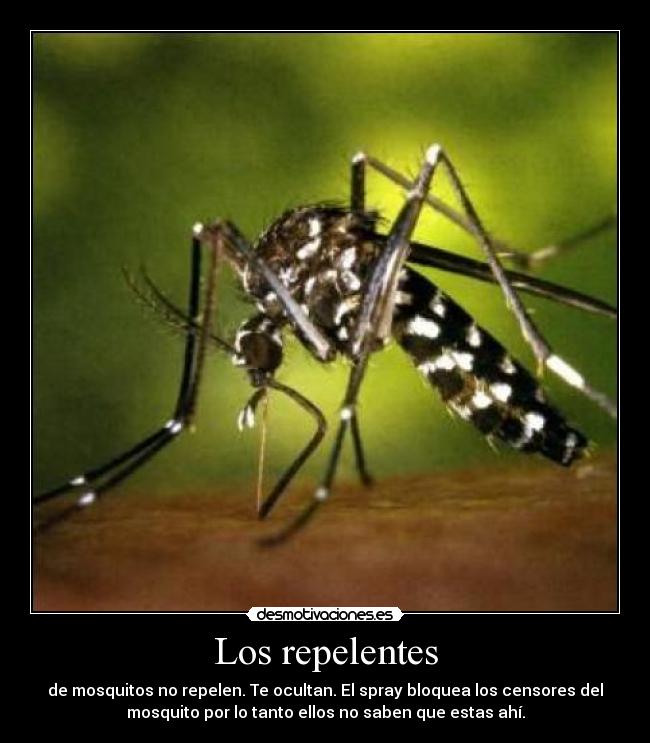 Los repelentes - de mosquitos no repelen. Te ocultan. El spray bloquea los censores del
mosquito por lo tanto ellos no saben que estas ahí.