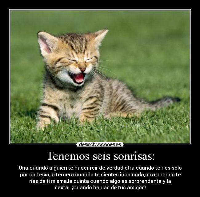 Tenemos seis sonrisas: - Una cuando alguien te hacer reir de verdad,otra cuando te ríes solo
por cortesía,la tercera cuando te sientes incómoda,otra cuando te
ríes de ti misma,la quinta cuando algo es sorprendente y la
sexta...¡Cuando hablas de tus amigos!