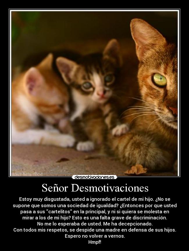 Señor Desmotivaciones - Estoy muy disgustada, usted a ignorado el cartel de mi hijo. ¿No se
supone que somos una sociedad de igualdad? ¿Entonces por que usted
pasa a sus cartelitos en la principal, y ni si quiera se molesta en
mirar a los de mi hijo? Esto es una falta grave de discriminación.
No me lo esperaba de usted. Me ha decepcionado.
Con todos mis respetos, se despide una madre en defensa de sus hijos.
Espero no volver a vernos.
Hmpf!