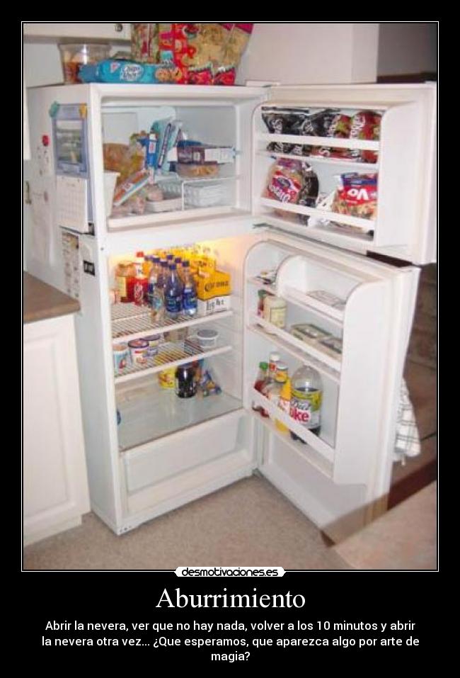 Aburrimiento - Abrir la nevera, ver que no hay nada, volver a los 10 minutos y abrir
la nevera otra vez... ¿Que esperamos, que aparezca algo por arte de
magia?
