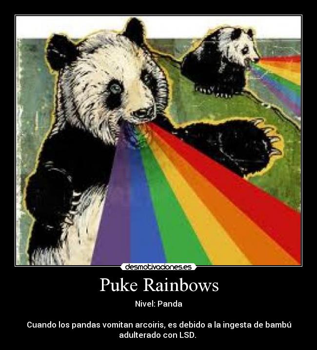 Puke Rainbows - Nivel: Panda

Cuando los pandas vomitan arcoiris, es debido a la ingesta de bambú
adulterado con LSD. 