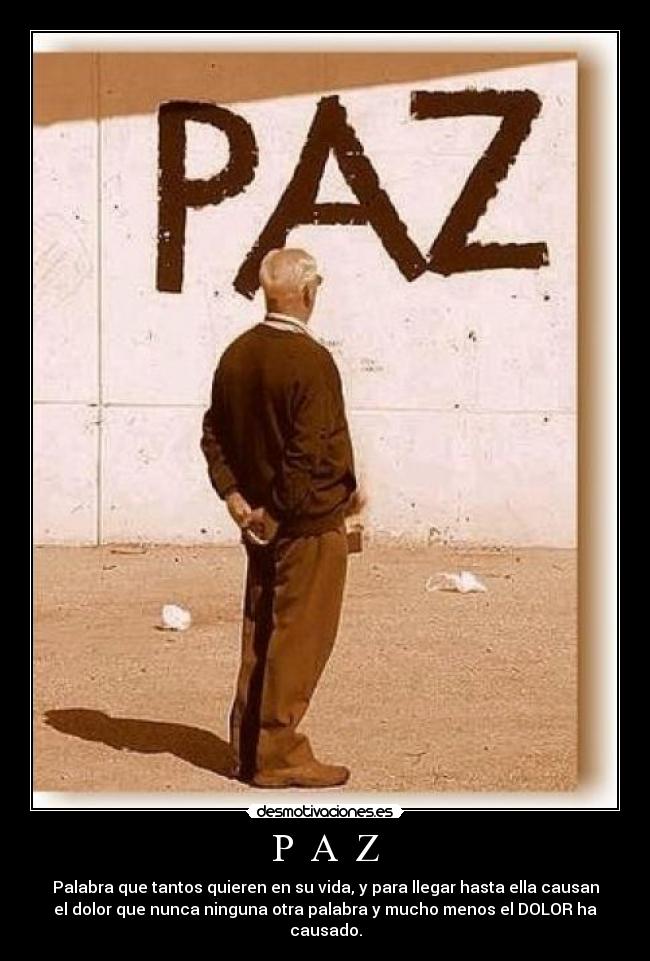 P A Z - Palabra que tantos quieren en su vida, y para llegar hasta ella causan
el dolor que nunca ninguna otra palabra y mucho menos el DOLOR ha
causado.