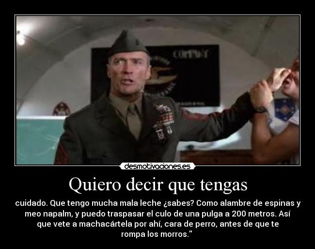 Quiero decir que tengas - cuidado. Que tengo mucha mala leche ¿sabes? Como alambre de espinas y
meo napalm, y puedo traspasar el culo de una pulga a 200 metros. Así
que vete a machacártela por ahí, cara de perro, antes de que te
rompa los morros.