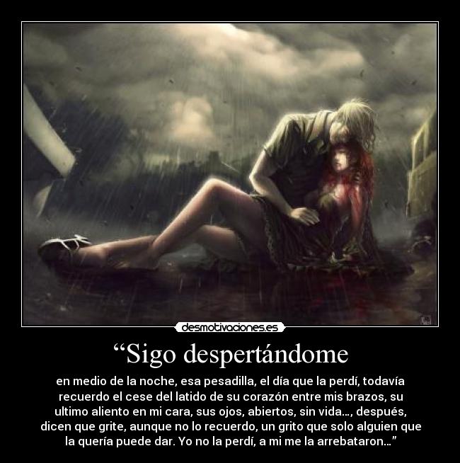 “Sigo despertándome - en medio de la noche, esa pesadilla, el día que la perdí, todavía
recuerdo el cese del latido de su corazón entre mis brazos, su
ultimo aliento en mi cara, sus ojos, abiertos, sin vida…, después,
dicen que grite, aunque no lo recuerdo, un grito que solo alguien que
la quería puede dar. Yo no la perdí, a mi me la arrebataron…”