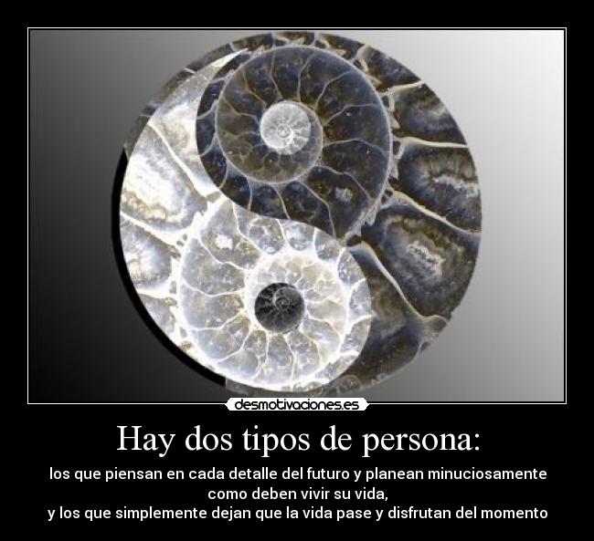 Hay dos tipos de persona: - los que piensan en cada detalle del futuro y planean minuciosamente
como deben vivir su vida,
y los que simplemente dejan que la vida pase y disfrutan del momento