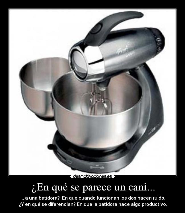 ¿En qué se parece un cani... - ... a una batidora?  En que cuando funcionan los dos hacen ruido.
¿Y en qué se diferencian? En que la batidora hace algo productivo.