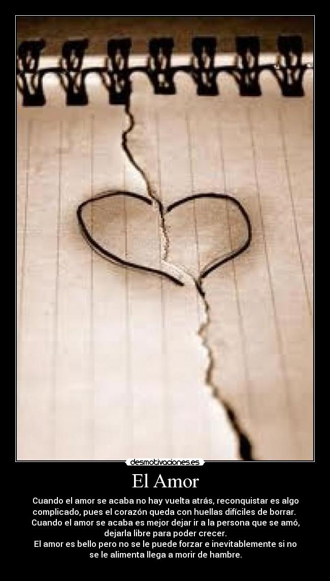 El Amor - Cuando el amor se acaba no hay vuelta atrás, reconquistar es algo
complicado, pues el corazón queda con huellas difíciles de borrar.
Cuando el amor se acaba es mejor dejar ir a la persona que se amó,
dejarla libre para poder crecer.
El amor es bello pero no se le puede forzar e inevitablemente si no
se le alimenta llega a morir de hambre.