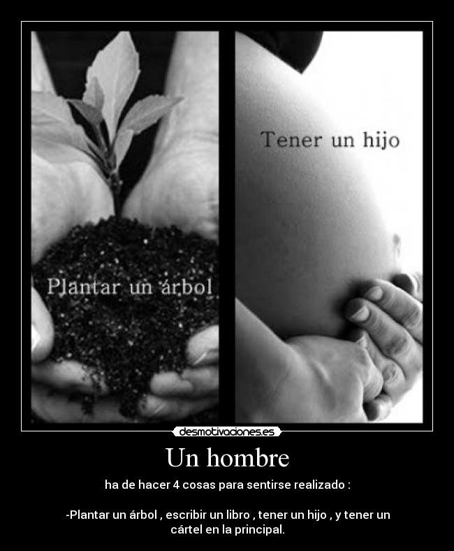 Un hombre - ha de hacer 4 cosas para sentirse realizado :

-Plantar un árbol , escribir un libro , tener un hijo , y tener un cártel en la principal.