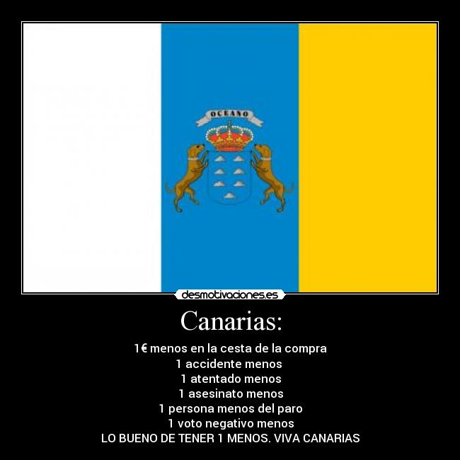 Canarias: - 1€ menos en la cesta de la compra
1 accidente menos
1 atentado menos
1 asesinato menos
1 persona menos del paro
1 voto negativo menos
LO BUENO DE TENER 1 MENOS. VIVA CANARIAS