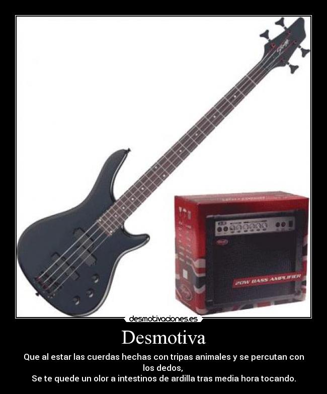 Desmotiva - Que al estar las cuerdas hechas con tripas animales y se percutan con los dedos,
Se te quede un olor a intestinos de ardilla tras media hora tocando.