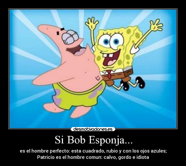 Si Bob Esponja... - es el hombre perfecto: esta cuadrado, rubio y con los ojos azules;
Patricio es el hombre comun: calvo, gordo e idiota