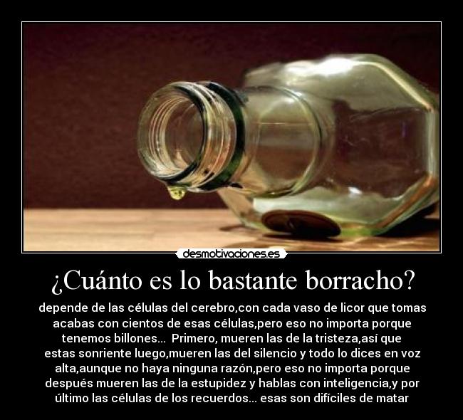 ¿Cuánto es lo bastante borracho? - depende de las células del cerebro,con cada vaso de licor que tomas
acabas con cientos de esas células,pero eso no importa porque
tenemos billones...  Primero, mueren las de la tristeza,así que
estas sonriente luego,mueren las del silencio y todo lo dices en voz
alta,aunque no haya ninguna razón,pero eso no importa porque
después mueren las de la estupidez y hablas con inteligencia,y por
último las células de los recuerdos... esas son difíciles de matar