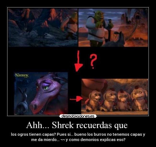 Ahh... Shrek recuerdas que - los ogros tienen capas? Pues si... bueno los burros no tenemos capas y
me da mierdo... ¬¬ y como demonios explicas eso?