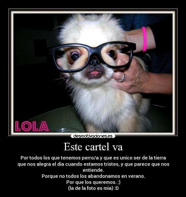 Este cartel va - Por todos los que tenemos perro/a y que es unico ser de la tierra
que nos alegra el dia cuando estamos tristes, y que parece que nos entiende.
Porque no todos los abandonamos en verano.
Por que los queremos. :)
(la de la foto es mia) :D