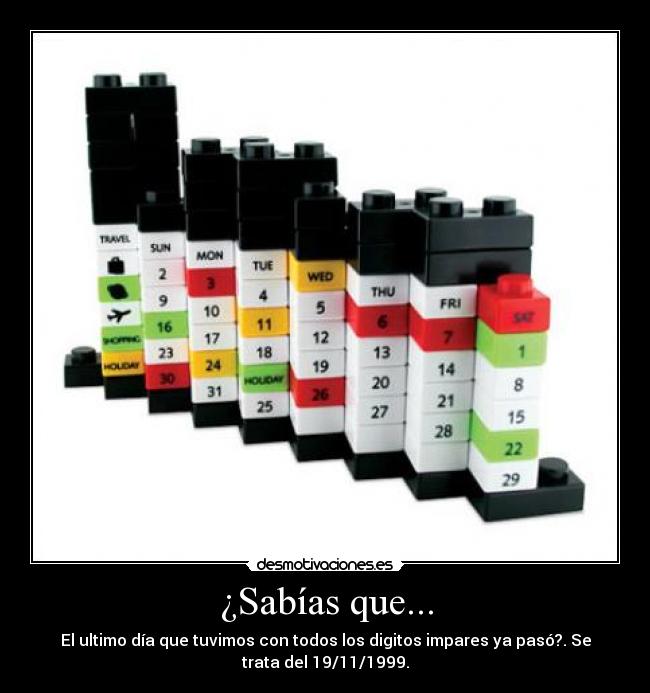 ¿Sabías que... - El ultimo día que tuvimos con todos los digitos impares ya pasó?. Se
trata del 19/11/1999.