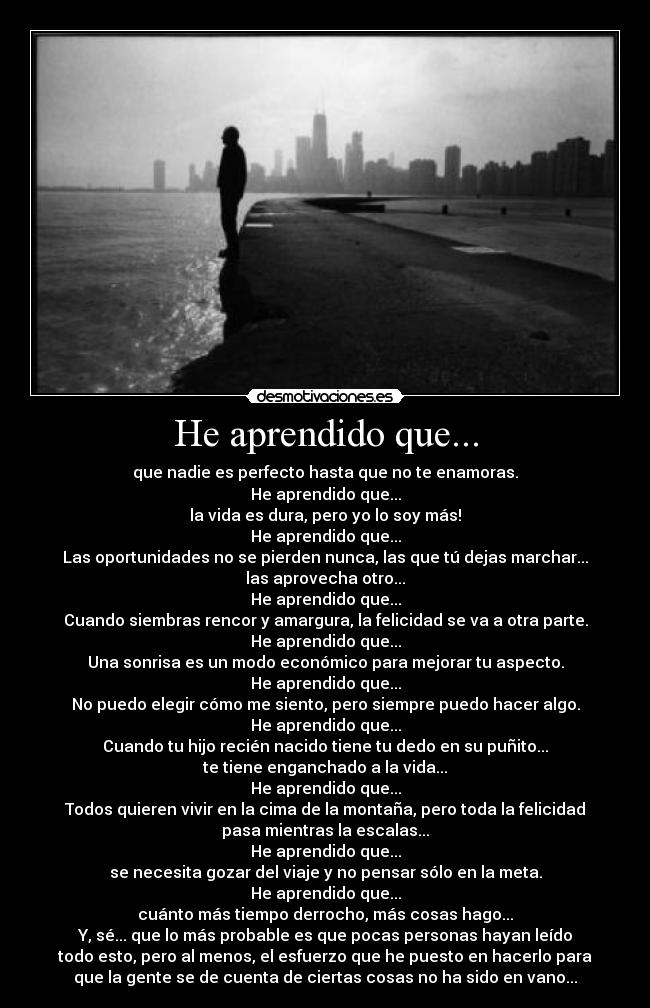 He aprendido que... - que nadie es perfecto hasta que no te enamoras.
He aprendido que...
la vida es dura, pero yo lo soy más!
He aprendido que...
Las oportunidades no se pierden nunca, las que tú dejas marchar...
las aprovecha otro...
He aprendido que...
Cuando siembras rencor y amargura, la felicidad se va a otra parte.
He aprendido que...
Una sonrisa es un modo económico para mejorar tu aspecto.
He aprendido que...
No puedo elegir cómo me siento, pero siempre puedo hacer algo.
He aprendido que...
Cuando tu hijo recién nacido tiene tu dedo en su puñito...
te tiene enganchado a la vida...
He aprendido que...
Todos quieren vivir en la cima de la montaña, pero toda la felicidad
pasa mientras la escalas...
He aprendido que...
se necesita gozar del viaje y no pensar sólo en la meta.
He aprendido que...
cuánto más tiempo derrocho, más cosas hago...
Y, sé... que lo más probable es que pocas personas hayan leído
todo esto, pero al menos, el esfuerzo que he puesto en hacerlo para
que la gente se de cuenta de ciertas cosas no ha sido en vano...