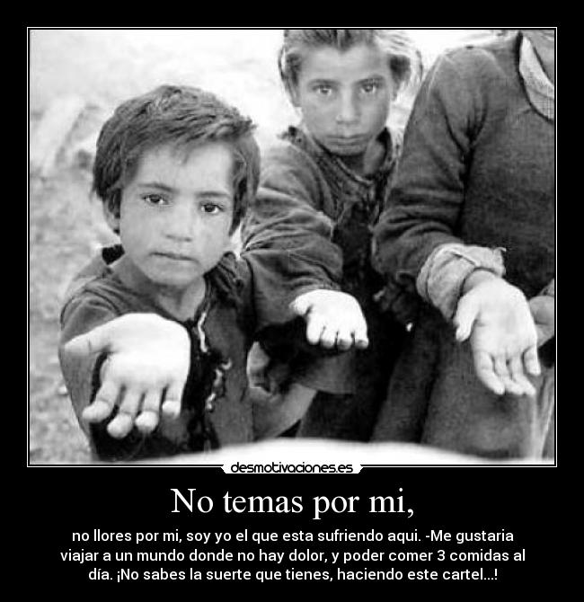 No temas por mi, - no llores por mi, soy yo el que esta sufriendo aqui. -Me gustaria
viajar a un mundo donde no hay dolor, y poder comer 3 comidas al
día. ¡No sabes la suerte que tienes, haciendo este cartel...!
