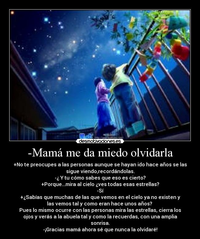 -Mamá me da miedo olvidarla - +No te preocupes a las personas aunque se hayan ido hace años se las
sigue viendo,recordándolas.
-¿ Y tu cómo sabes que eso es cierto?
+Porque...mira al cielo ¿ves todas esas estrellas?
-Sí
+¿Sabías que muchas de las que vemos en el cielo ya no existen y
las vemos tal y como eran hace unos años?
Pues lo mismo ocurre con las personas mira las estrellas, cierra los
ojos y verás a la abuela tal y como la recuerdas, con una amplia
sonrisa.
-¡Gracias mamá ahora sé que nunca la olvidaré!