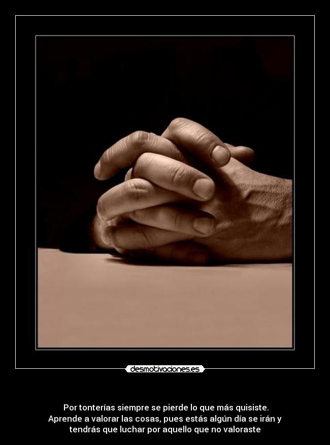 - Por tonterías siempre se pierde lo que más quisiste.
Aprende a valorar las cosas, pues estás algún día se irán y
tendrás que luchar por aquello que no valoraste