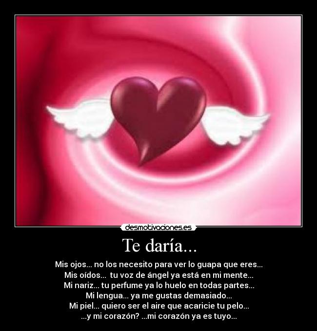 Te daría... - Mis ojos... no los necesito para ver lo guapa que eres...
Mis oídos...  tu voz de ángel ya está en mi mente...
Mi nariz... tu perfume ya lo huelo en todas partes...
Mi lengua... ya me gustas demasiado...
Mi piel... quiero ser el aire que acaricie tu pelo...
...y mi corazón? ...mi corazón ya es tuyo...