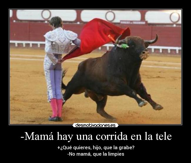 -Mamá hay una corrida en la tele - +¿Qué quieres, hijo, que la grabe?
-No mamá, que la limpies