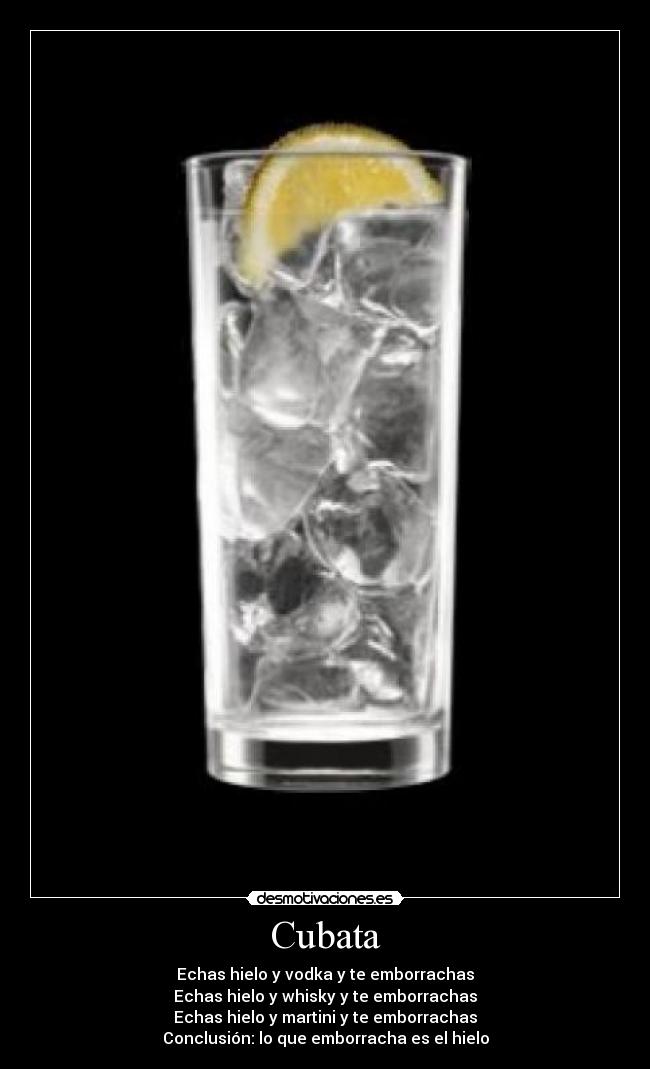 Cubata - Echas hielo y vodka y te emborrachas
Echas hielo y whisky y te emborrachas
Echas hielo y martini y te emborrachas
Conclusión: lo que emborracha es el hielo
