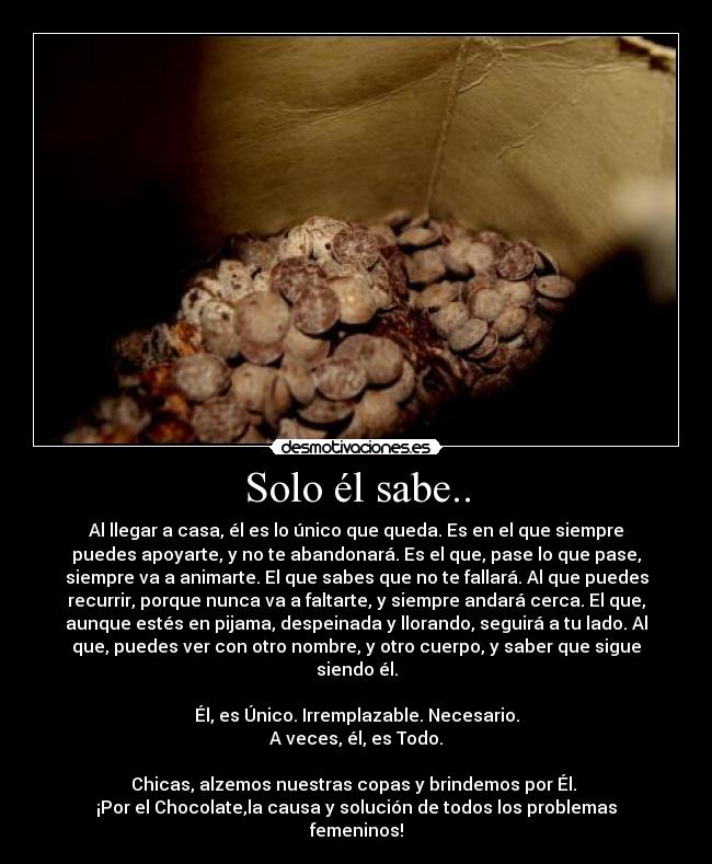 Solo él sabe.. - Al llegar a casa, él es lo único que queda. Es en el que siempre
puedes apoyarte, y no te abandonará. Es el que, pase lo que pase,
siempre va a animarte. El que sabes que no te fallará. Al que puedes
recurrir, porque nunca va a faltarte, y siempre andará cerca. El que,
aunque estés en pijama, despeinada y llorando, seguirá a tu lado. Al
que, puedes ver con otro nombre, y otro cuerpo, y saber que sigue
siendo él.

Él, es Único. Irremplazable. Necesario.
A veces, él, es Todo.

Chicas, alzemos nuestras copas y brindemos por Él. 
¡Por el Chocolate,la causa y solución de todos los problemas
femeninos!