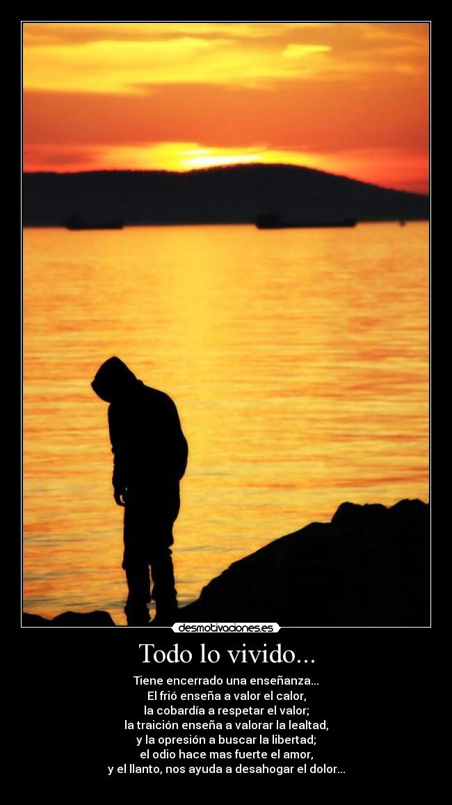 Todo lo vivido... - Tiene encerrado una enseñanza...
El frió enseña a valor el calor,
la cobardía a respetar el valor;
la traición enseña a valorar la lealtad,
y la opresión a buscar la libertad;
el odio hace mas fuerte el amor,
y el llanto, nos ayuda a desahogar el dolor...
