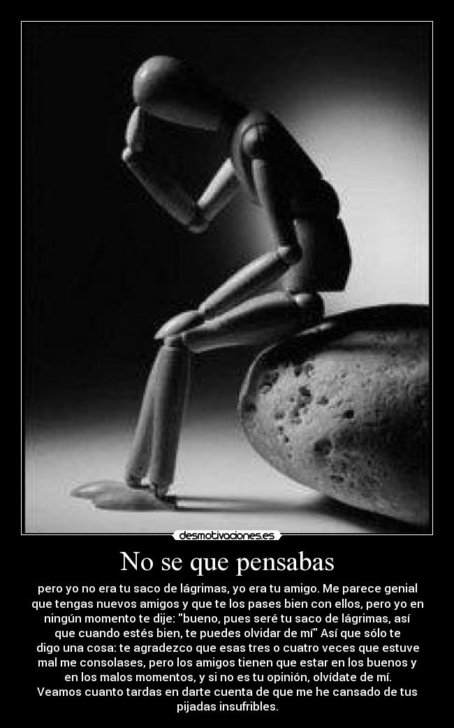 No se que pensabas - pero yo no era tu saco de lágrimas, yo era tu amigo. Me parece genial
que tengas nuevos amigos y que te los pases bien con ellos, pero yo en
ningún momento te dije: bueno, pues seré tu saco de lágrimas, así
que cuando estés bien, te puedes olvidar de mí Así que sólo te
digo una cosa: te agradezco que esas tres o cuatro veces que estuve
mal me consolases, pero los amigos tienen que estar en los buenos y
en los malos momentos, y si no es tu opinión, olvídate de mí.
Veamos cuanto tardas en darte cuenta de que me he cansado de tus
pijadas insufribles.