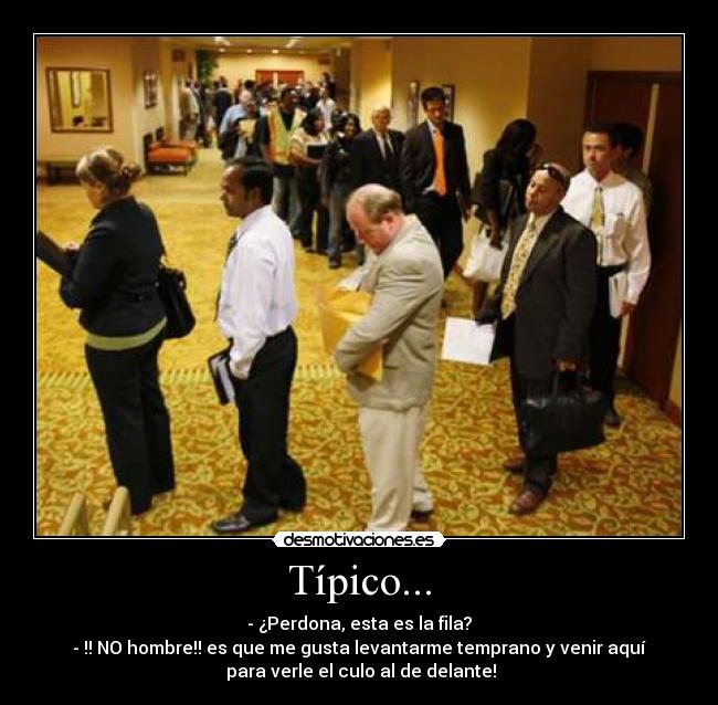 Típico... - - ¿Perdona, esta es la fila?
- !! NO hombre!! es que me gusta levantarme temprano y venir aquí
para verle el culo al de delante!