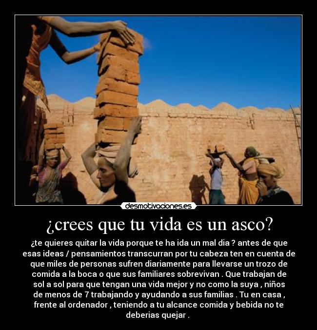 ¿crees que tu vida es un asco? - ¿te quieres quitar la vida porque te ha ida un mal dia ? antes de que
esas ideas / pensamientos transcurran por tu cabeza ten en cuenta de
que miles de personas sufren diariamente para llevarse un trozo de
comida a la boca o que sus familiares sobrevivan . Que trabajan de
sol a sol para que tengan una vida mejor y no como la suya , niños
de menos de 7 trabajando y ayudando a sus familias . Tu en casa ,
frente al ordenador , teniendo a tu alcance comida y bebida no te
deberias quejar . 