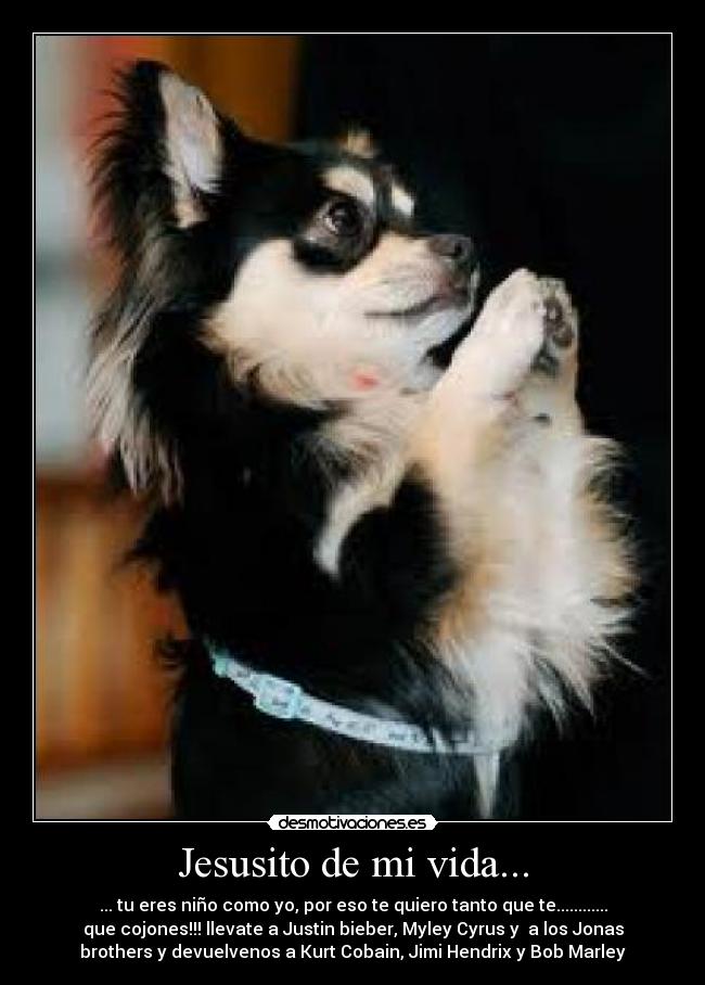 Jesusito de mi vida... - ... tu eres niño como yo, por eso te quiero tanto que te............
que cojones!!! llevate a Justin bieber, Myley Cyrus y a los Jonas
brothers y devuelvenos a Kurt Cobain, Jimi Hendrix y Bob Marley