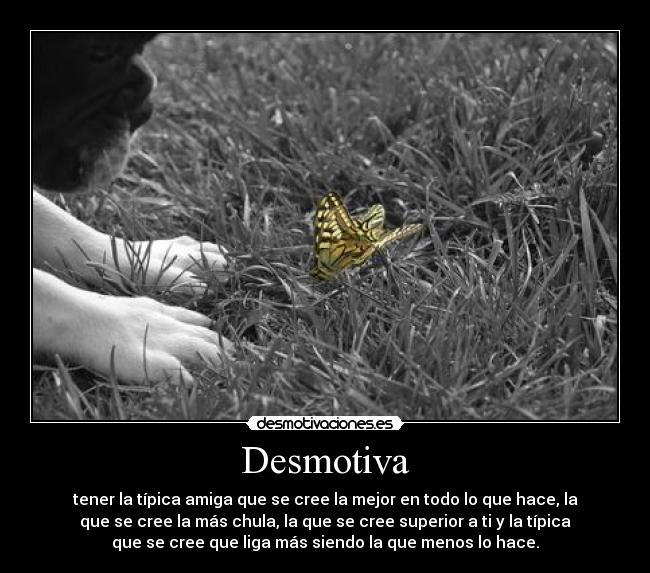 Desmotiva - tener la típica amiga que se cree la mejor en todo lo que hace, la
que se cree la más chula, la que se cree superior a ti y la típica
que se cree que liga más siendo la que menos lo hace.