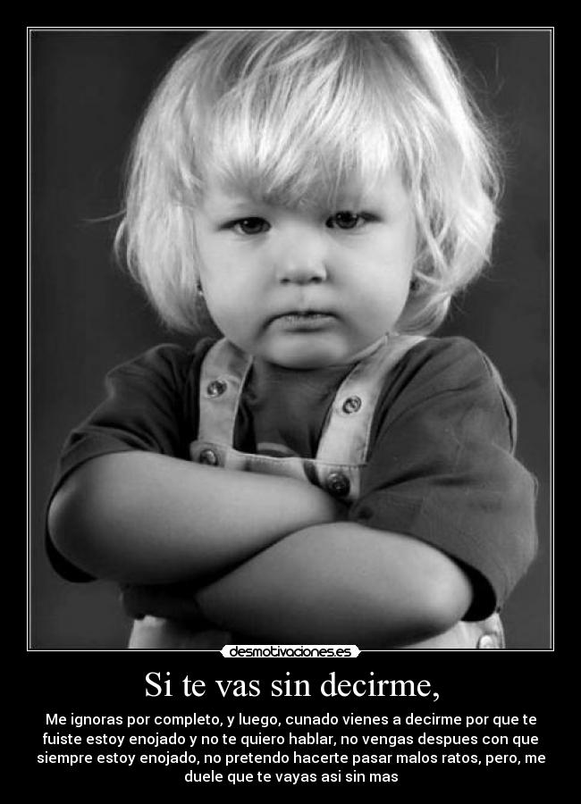 Si te vas sin decirme, - Me ignoras por completo, y luego, cunado vienes a decirme por que te
fuiste estoy enojado y no te quiero hablar, no vengas despues con que
siempre estoy enojado, no pretendo hacerte pasar malos ratos, pero, me
duele que te vayas asi sin mas