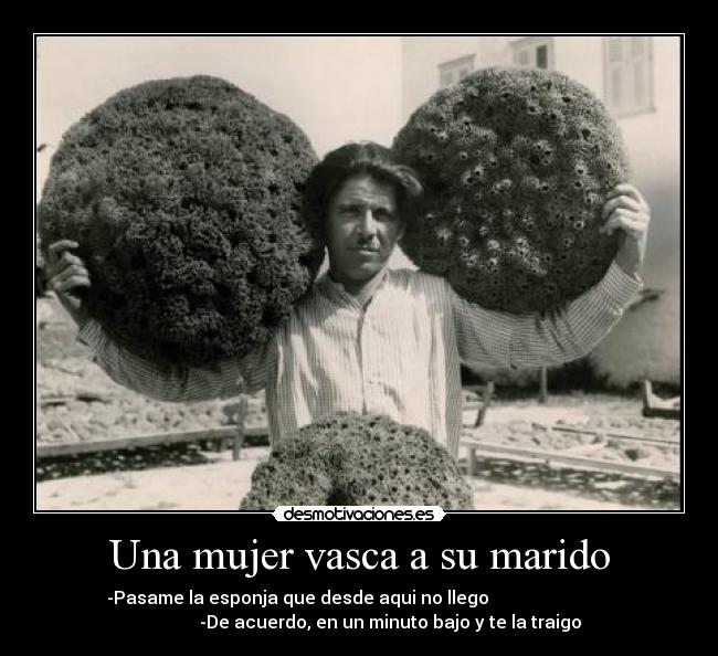 Una mujer vasca a su marido - -Pasame la esponja que desde aqui no llego                            
              -De acuerdo, en un minuto bajo y te la traigo