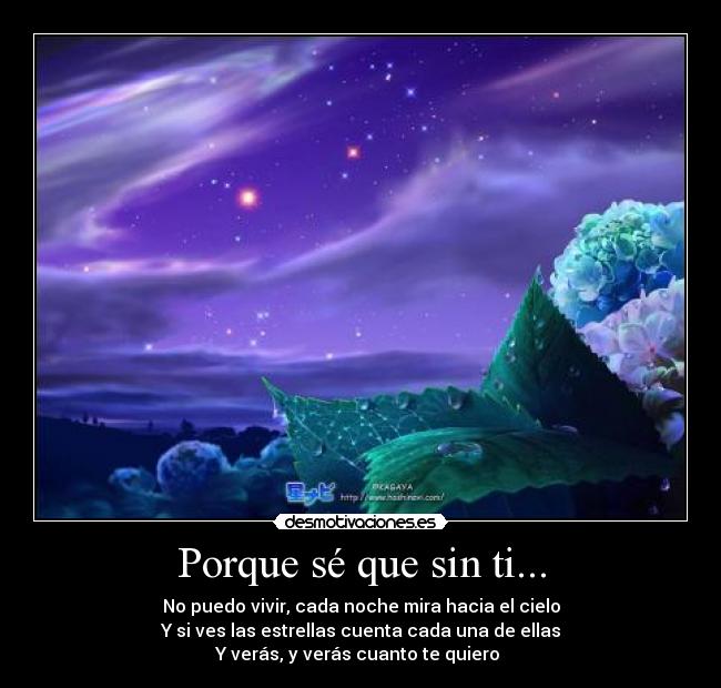 Porque sé que sin ti... - No puedo vivir, cada noche mira hacia el cielo
Y si ves las estrellas cuenta cada una de ellas
Y verás, y verás cuanto te quiero