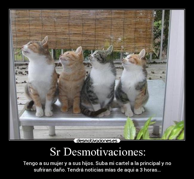 Sr Desmotivaciones: - Tengo a su mujer y a sus hijos. Suba mi cartel a la principal y no
sufriran daño. Tendrá noticias mías de aqui a 3 horas...