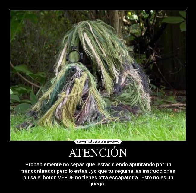 ATENCIÓN - Probablemente no sepas que estas siendo apuntando por un
francontirador pero lo estas , yo que tu seguiria las instrucciones
pulsa el boton VERDE no tienes otra escapatoria . Esto no es un
juego.